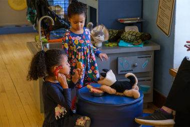 Two children playing with a stuffed animal dog using Veterinarian tools.