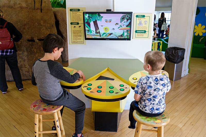 Two children seated and learning about different bugs in our bug and insect exhibit.