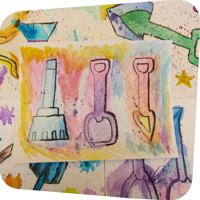 Collage of shovel art pieces drawn in black crayon and painted vibrant colors such as pink, yellow, blue, purple, green.