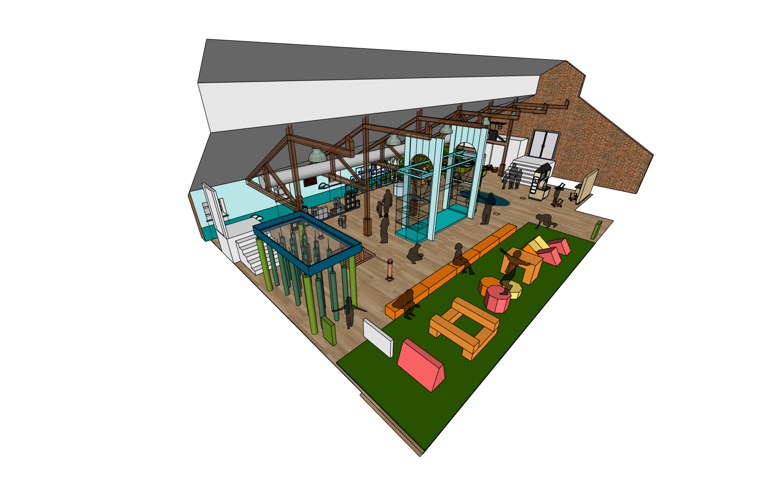 Illustration of the planned exhibit with silhouttes of famililes interacting with the components