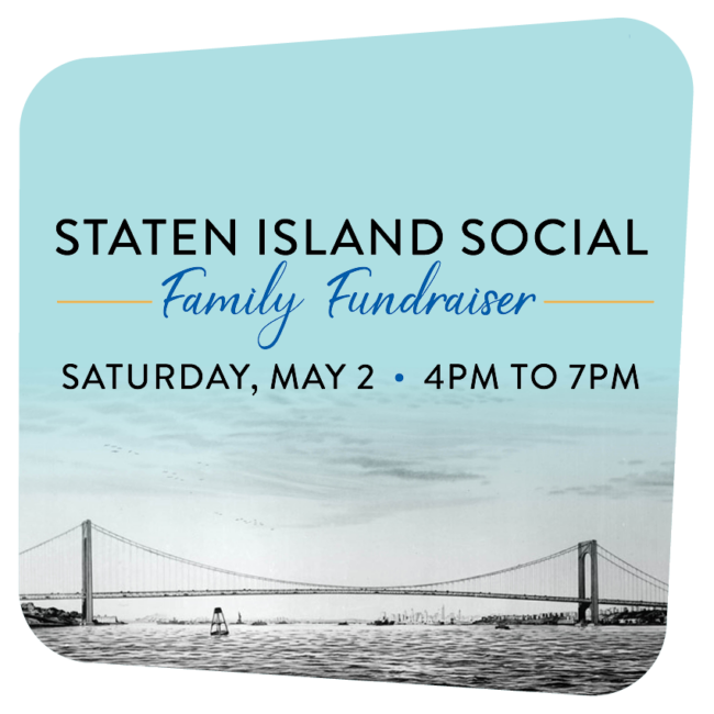 blue sky with a bridge in black and white with the text Staten Island Social Family Fundraiser