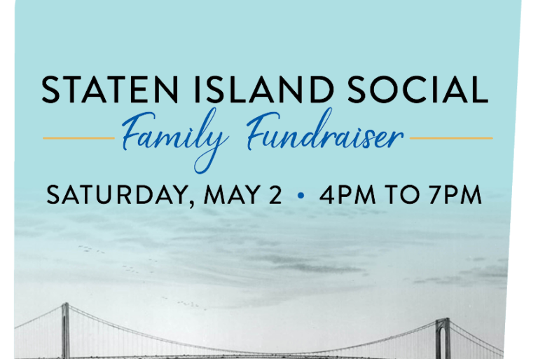 blue sky with a bridge in black and white with the text Staten Island Social Family Fundraiser