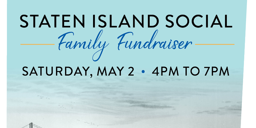 blue sky with a bridge in black and white with the text Staten Island Social Family Fundraiser