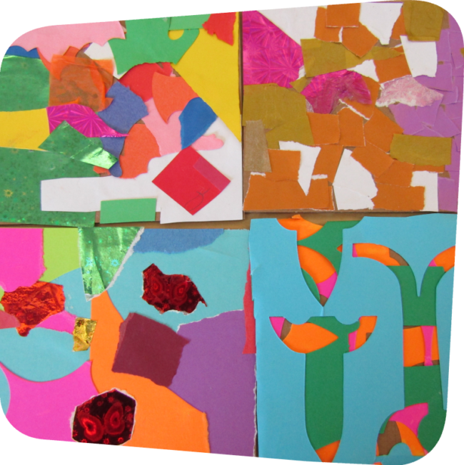 colorful ripped paper mosaic on cardboard