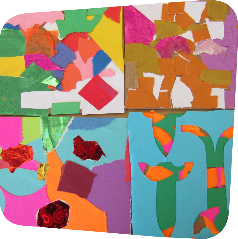 colorful ripped paper mosaic on cardboard