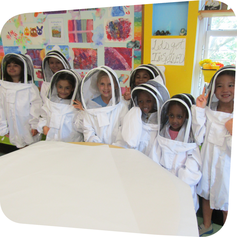 nine kids in bee suits in the classroom at the Staten Island Children's Museum