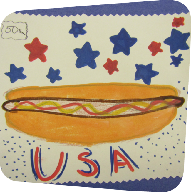 postage stamp art with red, white and blue colors and an image of a hotdog