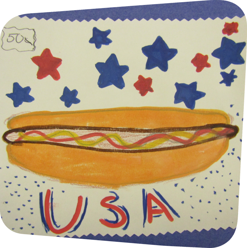 postage stamp art with red, white and blue colors and an image of a hotdog