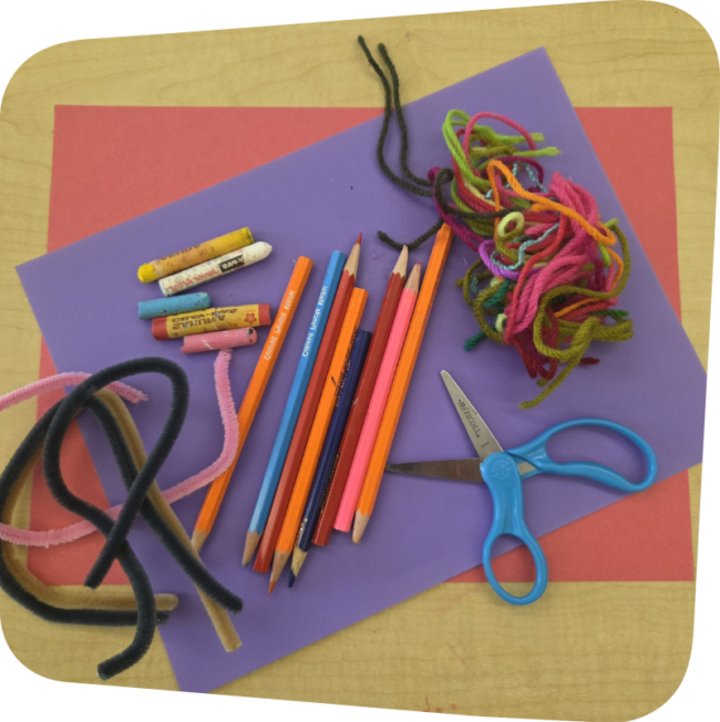 collage of art supplies that includes paper, pencils, pipe cleaners, yarn and scissors