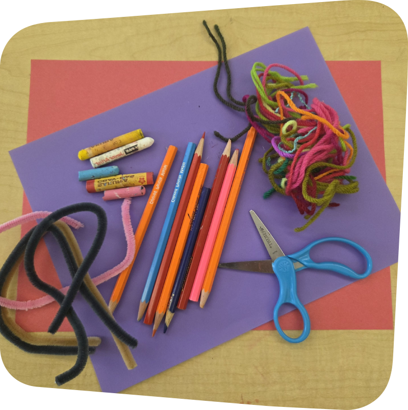 collage of art supplies that includes paper, pencils, pipe cleaners, yarn and scissors