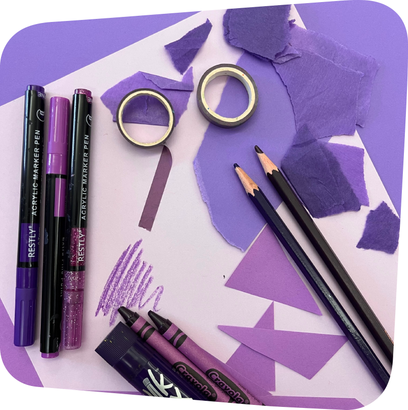 collage of purple art supplies