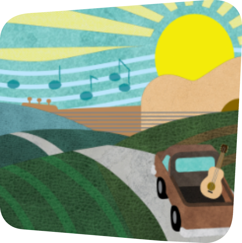 cartoon image of a truck going over a hill with a guitar in the trucks bed